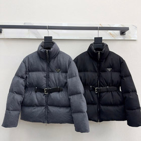 Prada stand-collar tessuto di lana a maniche lunghe cintura ispesso caldo giù giacca-5346  